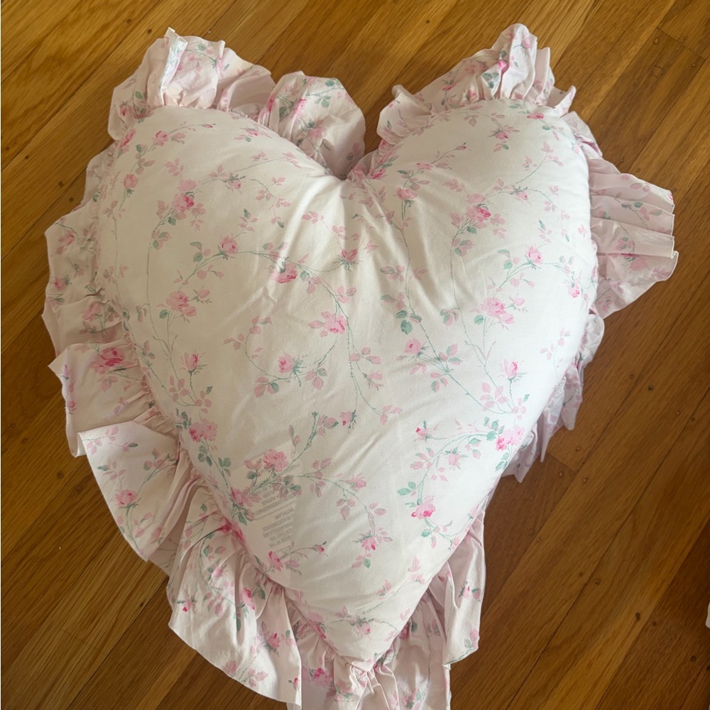 LoveShackFancy Pink Floral Heart Pillow with Ruffled Edges